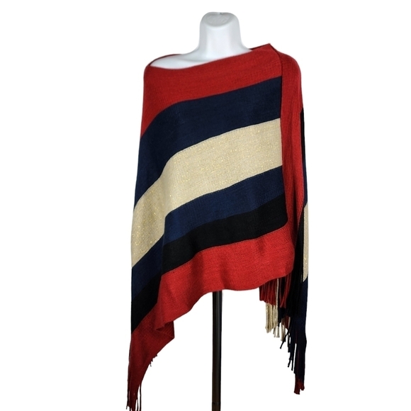 FRINGED COLOR BLOCK PONCHO - Picture 1 of 7